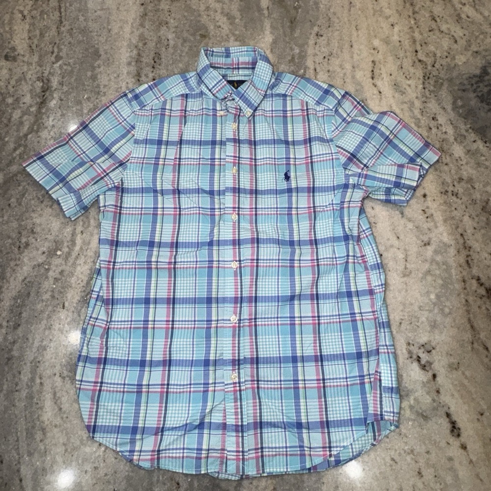 Ralph Lauren Polo Boys Youth XL 18/20 Short Sleeve Button Down Blue Plaid Shirt